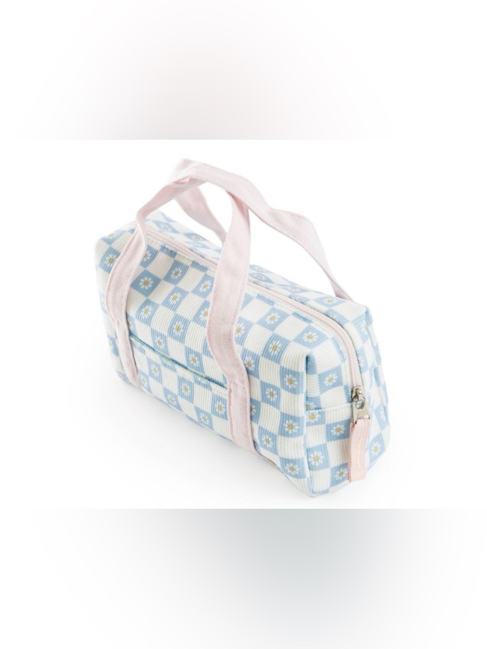 Yoobi Single Zip Pouch with Handles - Pale Blue Daisy Checker
